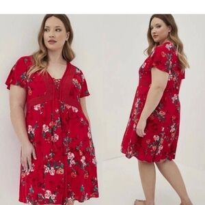 Torrid Red Gauze Boho Floral Rayon Dress SZ 0